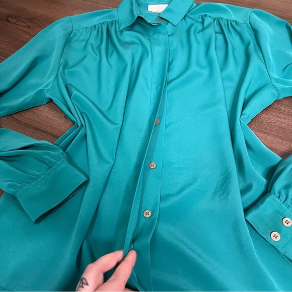 Teal Vintage Silky Button Down Blouse Shirt - Picture 4 of 7